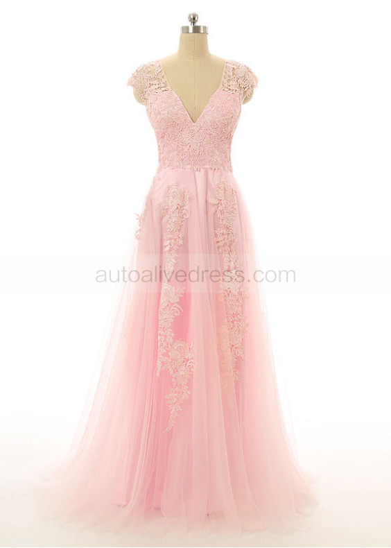 Pink Tulle Lace V Neck Long Prom Dress
